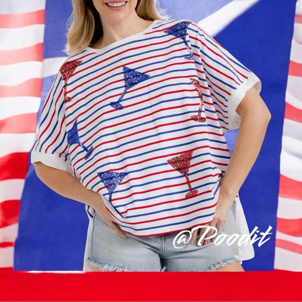 FANTASTIC FAWN patriotic striped sequin oversized tee S M L - Picture 3 of 8